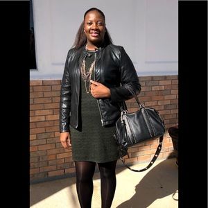 Olive colored dress with faux leather trim